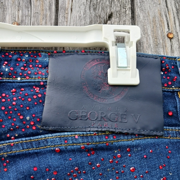 Avenue George V  Red Rhinestone Skinny Jeans Mens Sz 32 Button Fly Distressed - Picture 9 of 11